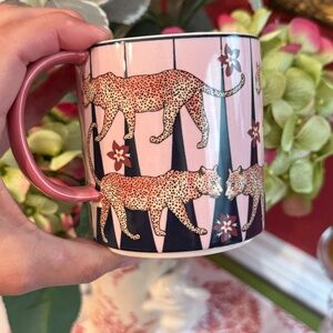 New Anthropologie Maeve Pink Leopard Cheetah Cat Ceramic Coffee Tea Mug